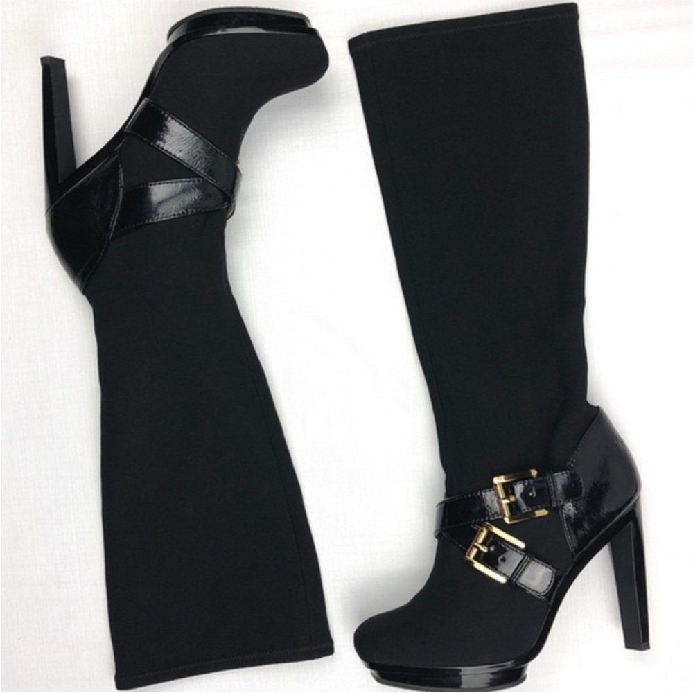 Michael Kors Black Heeled Boots with Gold Buckles